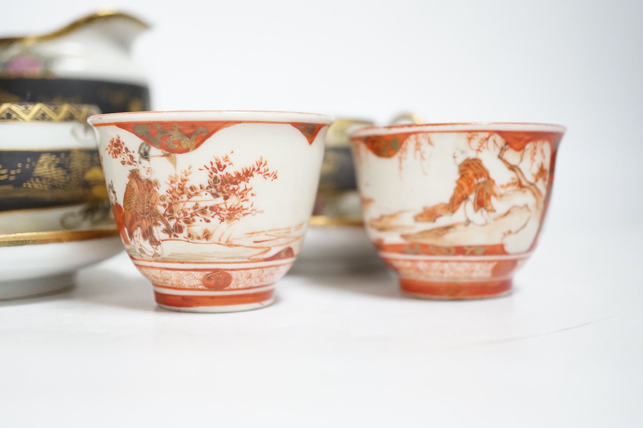 Two Japanese Kutani tea bowls, 19th century and a Japanese egg shell part tea set